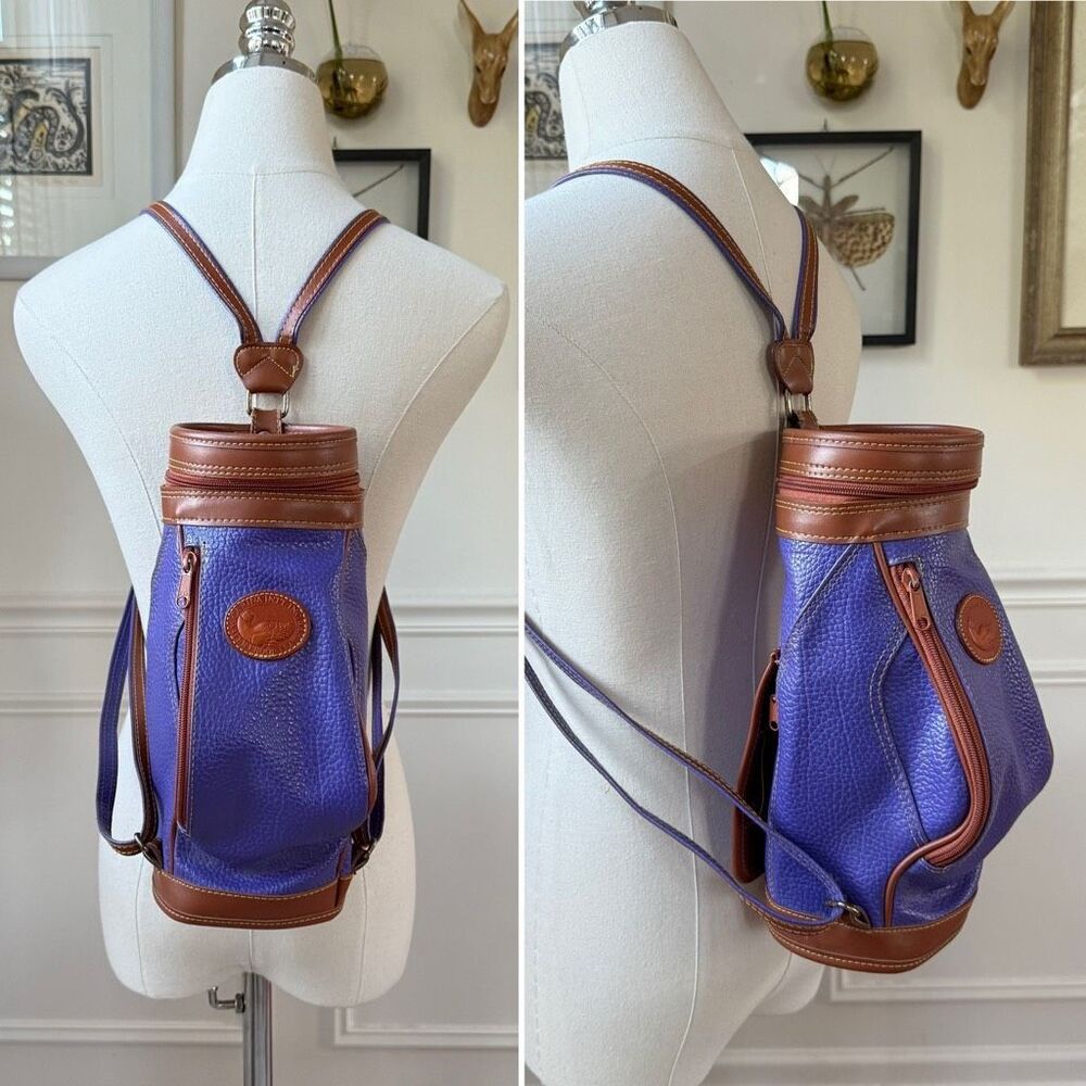 Vintage 80s Carina Intl Inc Waterproof Leather Purple Tan Golf Bag Backpack Nove